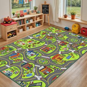Upgrade Ultra Non Slip Kids Car Rug, Kids Road Playmat Rug for Toy Cars, Educational Town City Map Washable Carpet for Boys Playroom Bedroom, Safer Car Track Play Mat for Children Toddler, 140"x84"