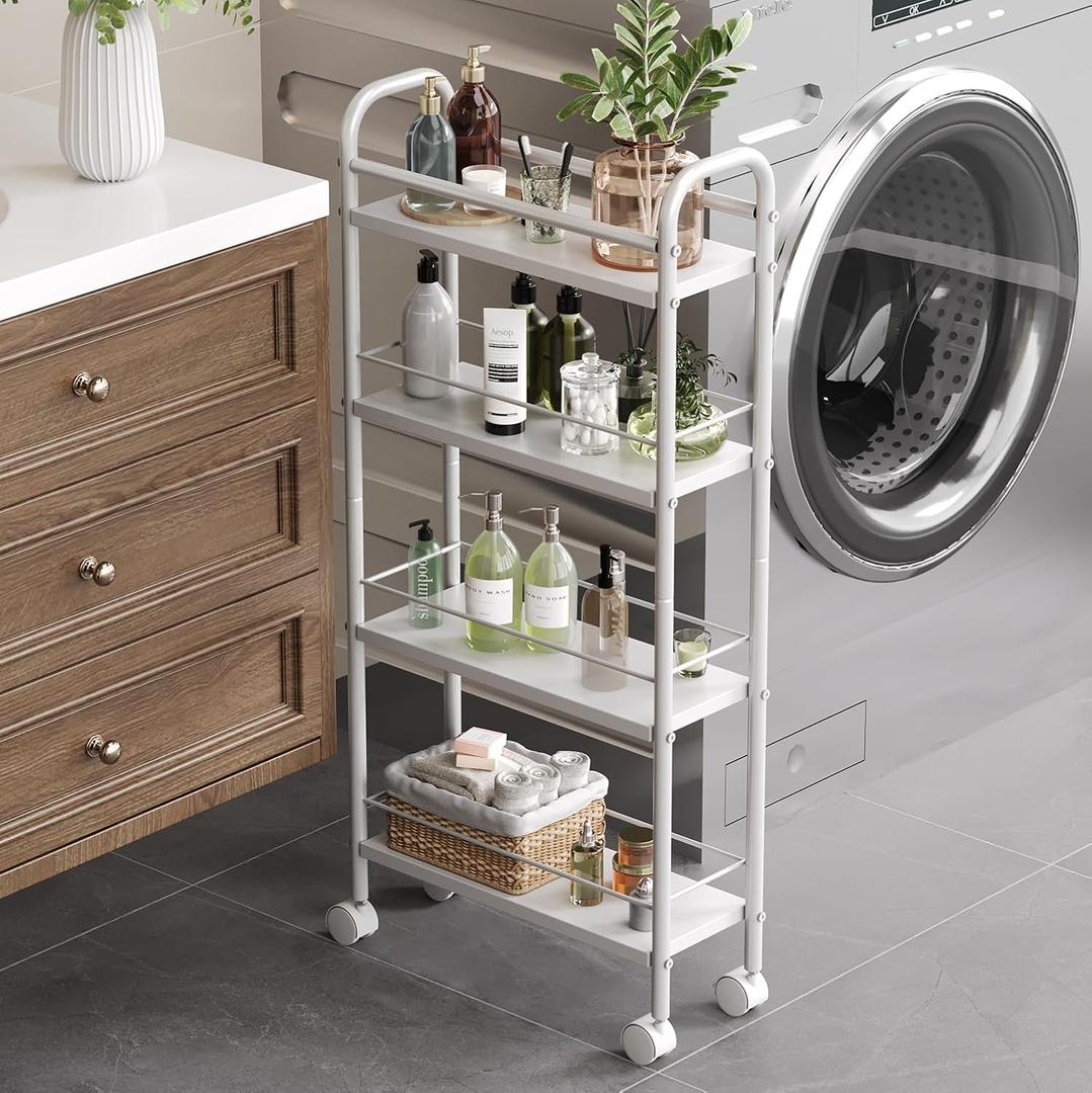 Slim Storage Cart, 4 Tier Rolling Utility Cart on Wheels, Narrow Shelving Unit Cart for Small Spaces in Kitchen, Dining Room, Bathroom, Laundry Room, White (15.6"D x 5.9"W x 33.6"H)