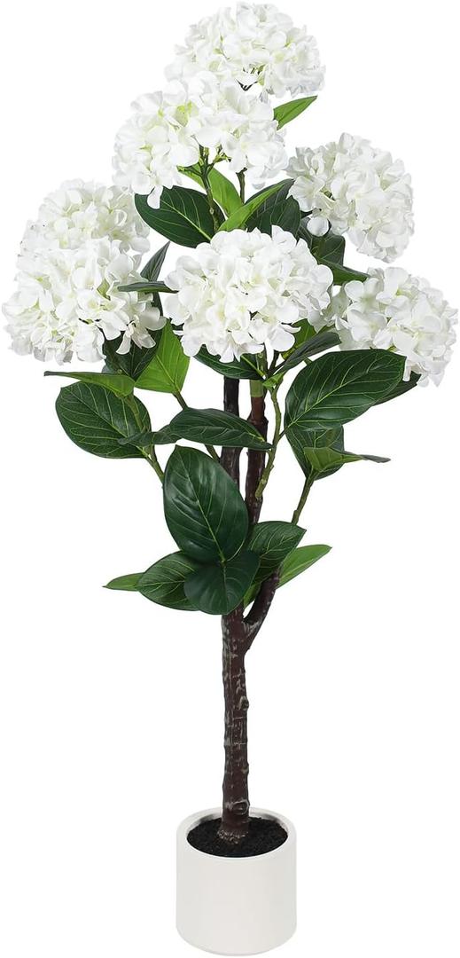 4 FT Artificial Hydrangea Tree- Large Faux Hydrangea Plants Indoor Outdoor，Fake Flower Trees with White Tall Planter for Home Garden,Front Decor