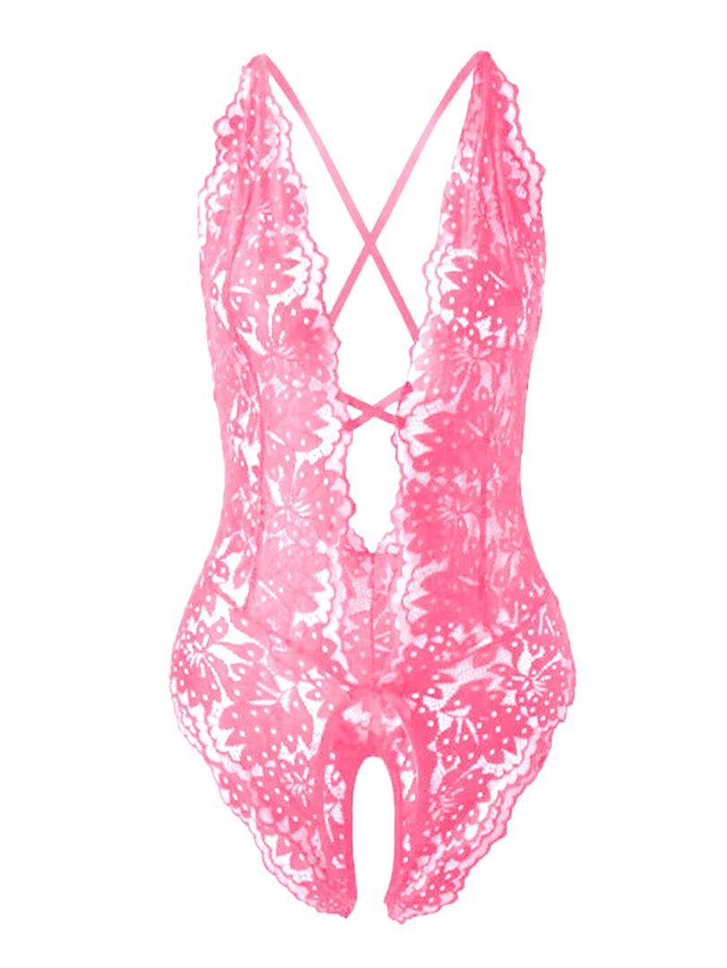 SOLY HUX Women's One Piece Lingerie Sexy Lace Babydoll Deep V Teddy Criss Cross Backless Teddy Mini Bodysuit Hot Pink Smal