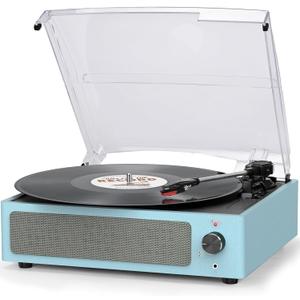 Vinyl Record Player with Speakers Vintage Turntable for Vinyl Records Belt-Driven Turntable Support 3-Speed, Wireless Playback Headphone AUX-in RCA Line LP Players for Sound Enjoyment New Sleek Blue