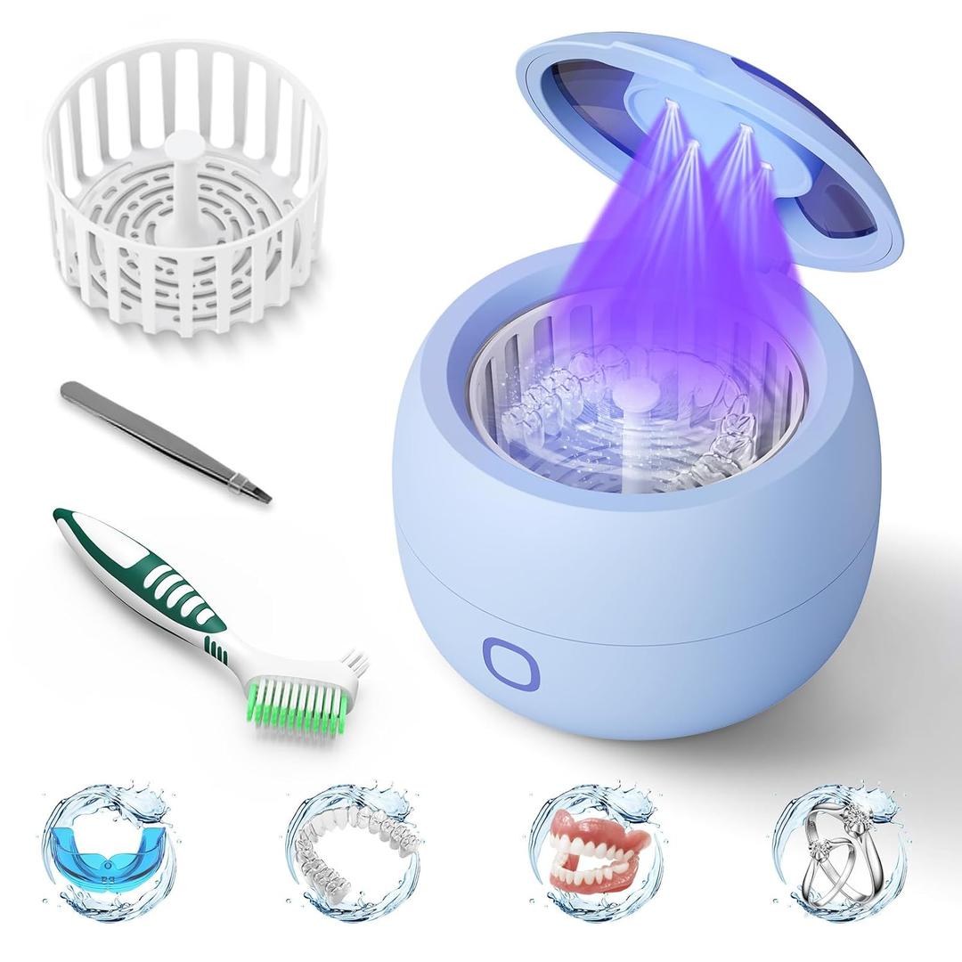 Upgraded Ultrasonic Retainer Cleaner, 45kHz Retainer Cleaner Machine for Denture Cleaner, Retainer Cleaner, Mouth Guard Cleaner, Night Guard Cleaner, Denture Cleaner with 200ML Dental Cleaning Pod1