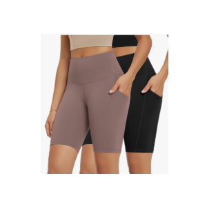 ODODOS 2-Pack High Waist Workout Shorts with Pockets for Women 6"/8" Inseam Tummy Control Gym Athletic Biker Shorts, Size S