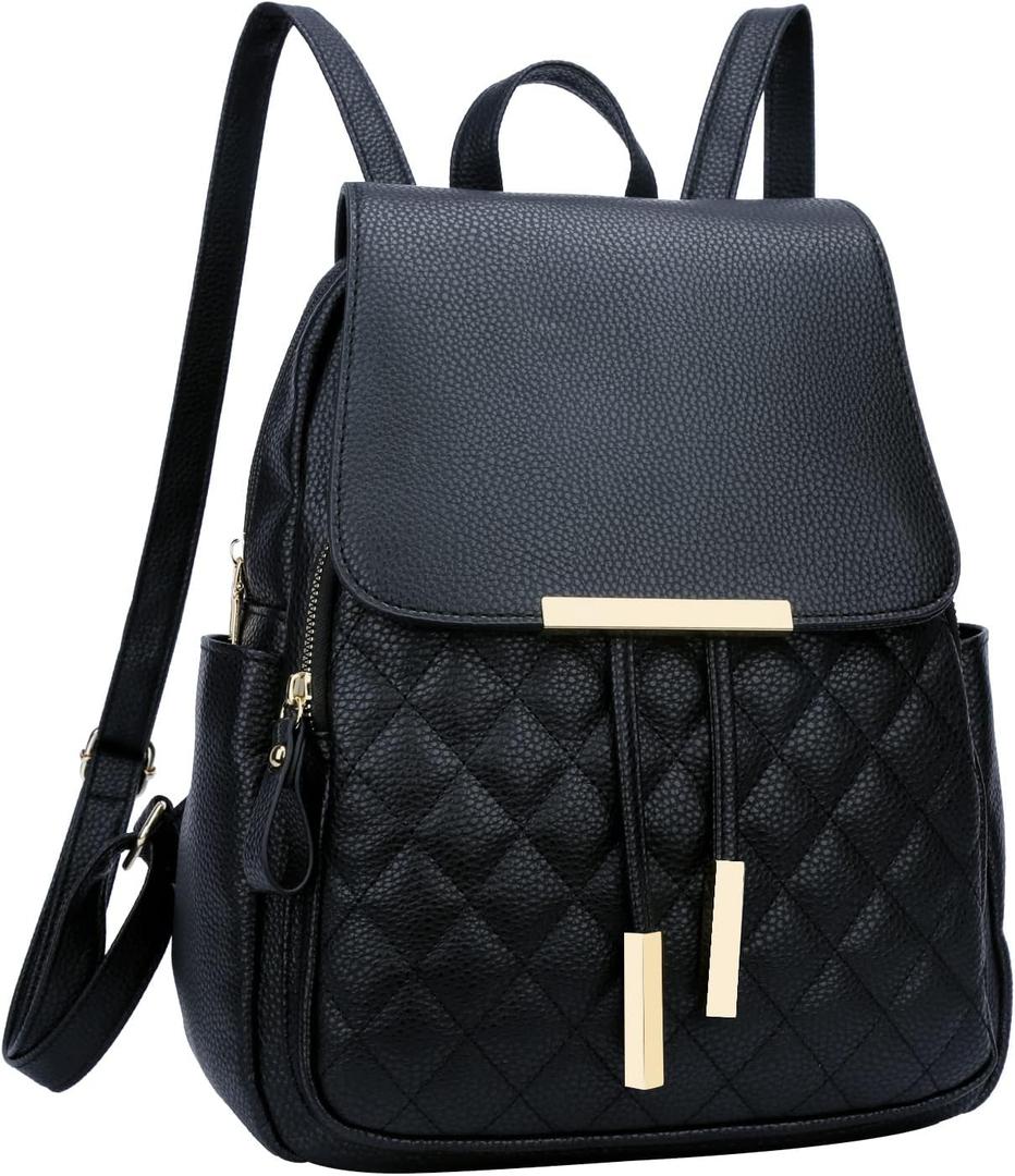 KKXIU Quilted Trendy Leather Backpack Purse for Women and Ladies Shoulder Travel Daypacks Bags (Black)