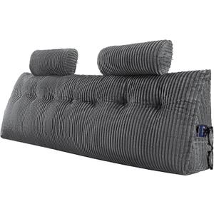 VEVOR Headboard Pillow, King Size Wedge Headboard Pillow with 2 Side Pockets and 2 Headrests, Bed Wedge Pillow with Washable Flannel Cloth, for Reading, Gaming, Resting, Working in Bed, Grey