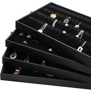 Tosnail 4-Pack Velvet Jewelry Display Trays, Stackable Jewelry Organizer and Storage Case for Drawer, Rings, Earrings, Necklaces, Bracelet, Black