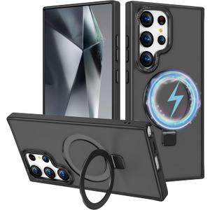 Kickstand Case for Samsung Galaxy S24 Ultra Magnetic Case with Invisible Stand [Compatible with MagSafe] [Military Drop Protection] Matte Hard Back Soft Silicone Edge Slim Phone Case Cover (Black)