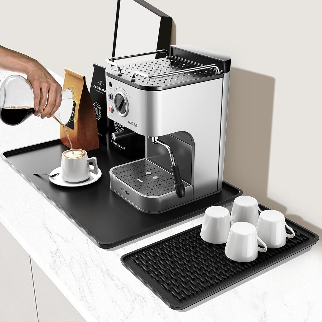 Silicone Coffee Mat with Raised Edge, 24''x16''Coffee Bar Mat with Drink Coasters Set, 2 PCs Coffee Bar Accessories Fit Under Coffee Maker Espresso Machine,Dish Drying Mat