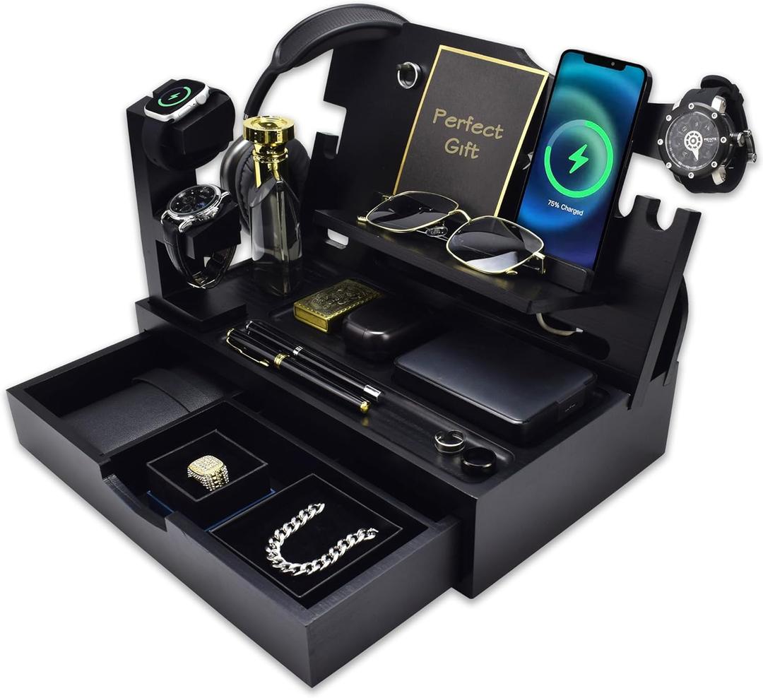 Nightstand Organizer for Men with Large Drawer, Wood Phone Docking Station for Phone, Apple Watch, Wallet & Keys, Ideal Birthday Gift for Father Husband, Bedside Desk Organizer (Black)