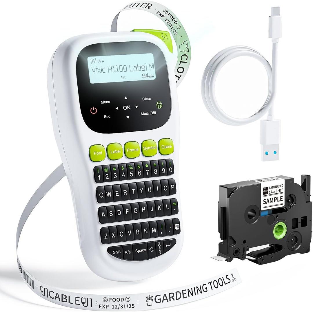 Vixic Label Maker Machine with-Tape, H1100 Handheld Label Maker Waterproof-Labels Portable Labeler Backlit Screen for Home School Office Organization Gifts, Multiple Fonts Symbols Borders Easy to Use