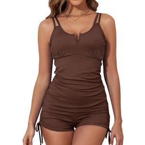 Aleumdr Women's Two Piece Tankini Swimsuit Tummy Control Bathing Suit V Neck Swim Tank Top with Boyshorts (Large, Coffee)
