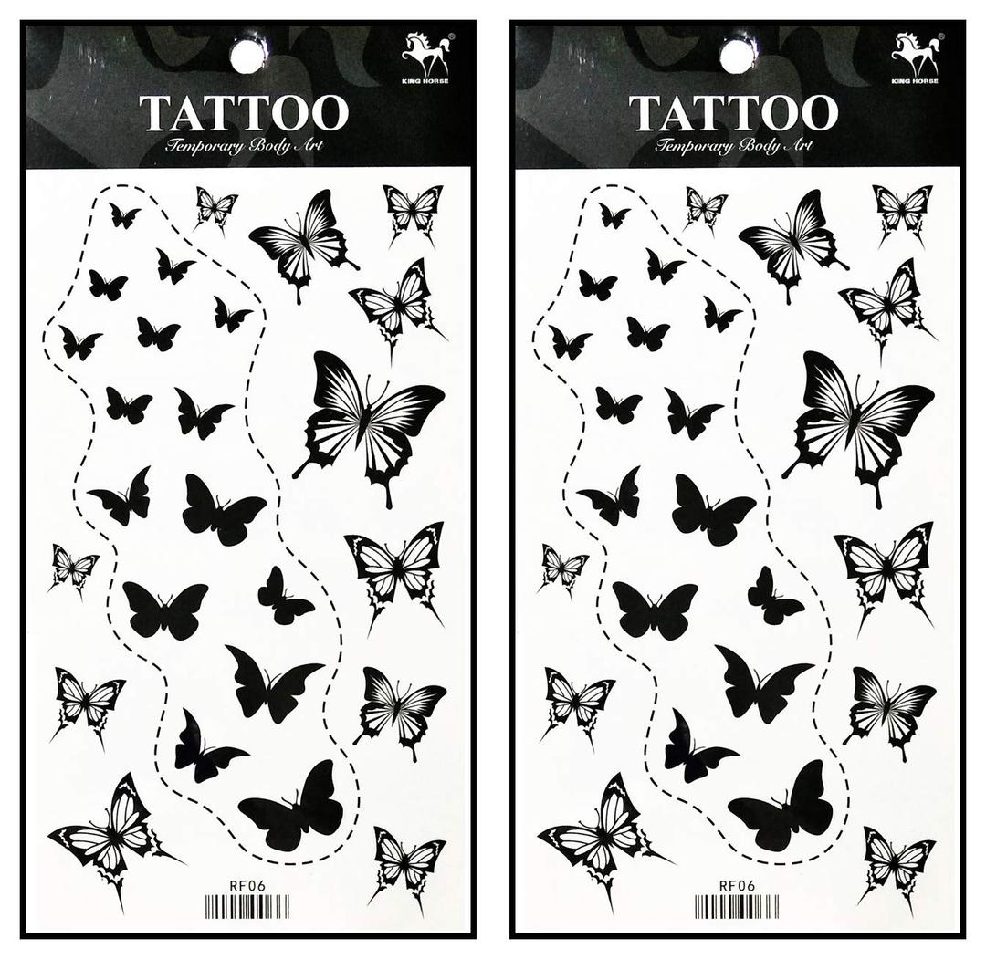 2 x Tattoos 2 Sheets Temporary Tattoo 3D Black Butterfly Dashed lines for Women Men Lower Back Shoulder Neck Arm Tattoo Sticker Party Fashion