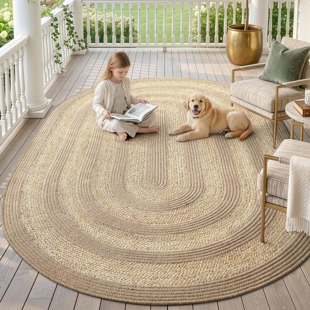 DEXI Jute Area Rug Natural Fiber 6x9 Oval, Woven Braided Durable Farmhouse Design Rugs for Living Room, Bedroom Dinning Room Office Outdoor Patio, Natural/Beige