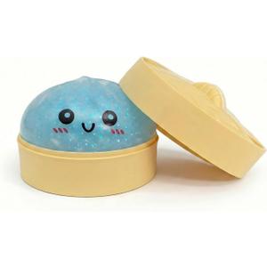 Glitter Dumpling Squishies Stress Balls,Colorful Squeeze Dough Ball Fidget Sensory Toys,Stretchy Hand Desk Toy with Food Steamer for Stress Relief Gift,Blue