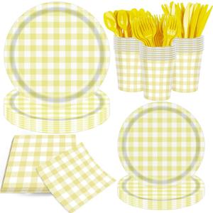 140Pcs Gingham Party Supplies for 20 Guests Thick Paper Plates and Napkins Knives Spoons Forks Cups Disposable Party Set Cutlery for Dinner Baby Shower Wedding Favor(Yellow)