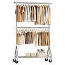 HYSEYY Heavy Duty Clothes Rack, Double Rod Clothing Rack for Hanging Clothes, Rolling Garment Rack, Adjustable Freestanding Wardrobe Closet Coat Rack for Bedroom Laundry Living Room, Silver