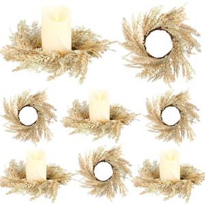 Hanaive 8 Pcs Boho Candle Wreaths Small Pampas Candle Wreath 3.9 in Wedding Faux Pampas Door Wreath Candleholders Fall Decoration for Wedding Home Farmhouse Tabletop Decor