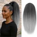 UAmy hair Grey Yaki Straight Drawstring Ponytail for Women 16inch Salt and Pepper Yaki Pony Tail Clip in Hairpiece Shoulder Length Synthetic Kinky Straight Ponytail hair Extension(T1B/Gray)