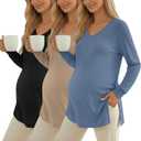 Huukeay 3 Pack Women's Thermal Maternity Shirts Long Sleeve Fleece Lined Pregnancy Tops Split Side V Neck Maternity Clothes (XLarge, Haze Blue, Khaki, Black)