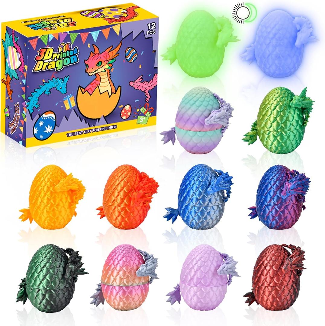 12PCS 3D Printed Dragon Eggs for Easter Basket Stuffers, Mystery Dragon Inside Egg, Articulated Fidget Toys for Kids Birthday Party Favors, for Boys Girls