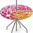 Round Tablecloth with Umbrella Hole and Zipper Elastic Fitted Table Cloth 45"-56" Oil-Proof Waterproof Patio Table Cover for Outdoor Picnic Party, Spring Summer Geometric Elegant Pink Yellow