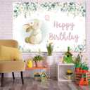 AIBIIN 7x5ft Easter Bunny Birthday Banner, Rabbit Eucalyptus Leaves Birthday Photography Backdrop, Pastel Green Floral Easter Bday Backdrop, Kids Party Decorations Photo Studio Props