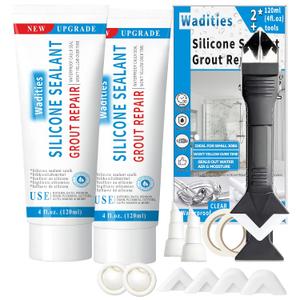 8Oz Clear Waterproof Caulk & Seal Silicone Sealant, Wadities Tile Grout Repair Kit with Grout Remove Scraper, Shrink & Crack Proof for Bathroom, Shower, Kitchen, Floor (4Oz, Pack of 2)