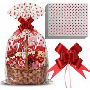 Teenyyou 24 Pcs Cellophane Bags for Basket 24 x 30 Inches & 24 Pcs Large Pull Bows, X-Large 2.5 Mil Thickening Plastic Cellophane Bags for Valentine's Day Birthday Party Gift Wrapping(Dot)