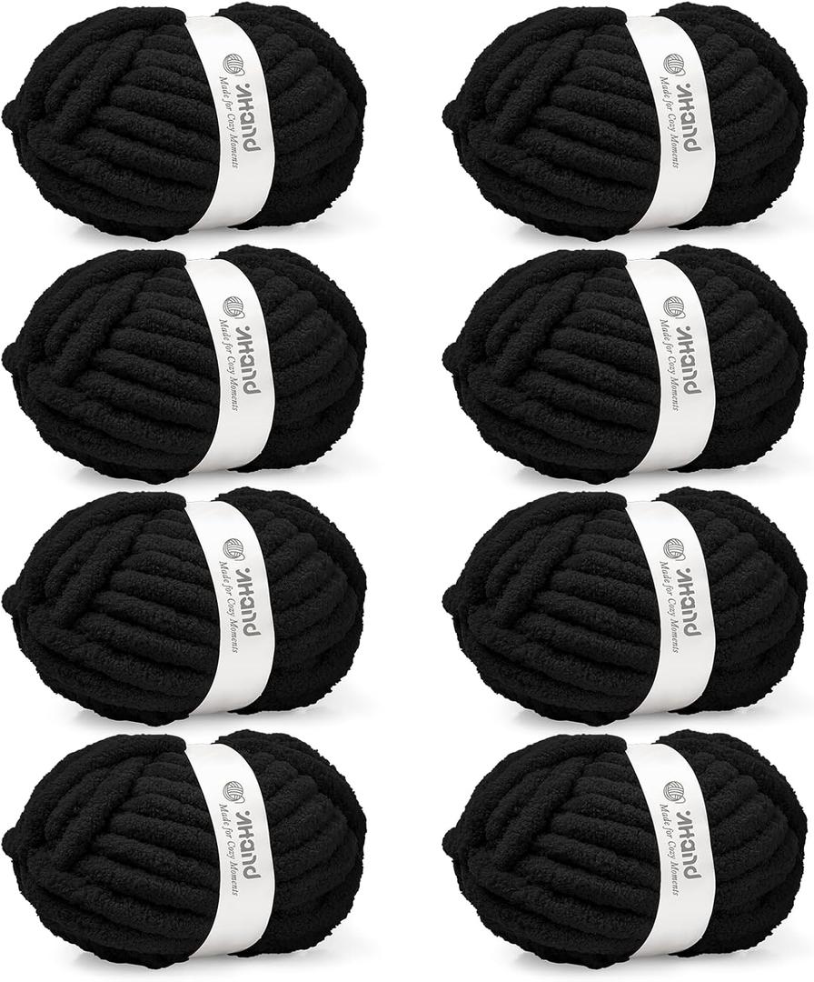 Inhand Chunky Chenille Yarn for Hand Knitting,Thick Bulky Blanket Yarn for Crocheting,Soft Fluffy Yarn for Crochet Birthday Gifts for Men/Women/Beginners,8 Pack (29.5Yds/8.4oz Each),Jet Black