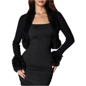 MakeMeChic Women's Faux Fur Open Front Coat Valentines Fuzzy Long Sleeve Crop Jacket Outerwear, Size Small (Black)