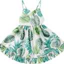 Toddler Vintage Floral Girls Dress Baby Backless Sundress Sleeveless Matching Outfits 5-6Y (Green-leaves)