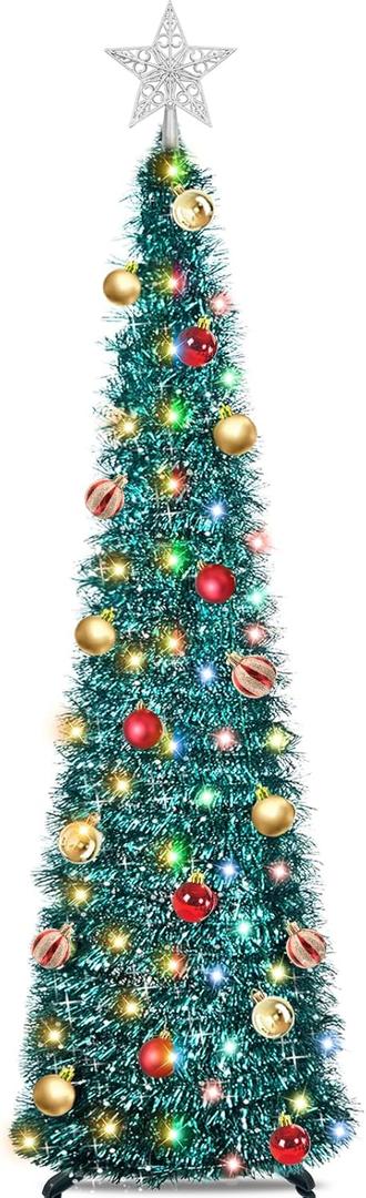5 Ft Pop Up Christmas Tree with Timer Dual Color Change 8 Mode, 1 Minute Christmas Tree 50 Warm White & Colorful Light 3D Star 25 Ball Ornament Battery Operated Slim Tinsel Pencil Xmas Tree Indoor (Blue Green)
