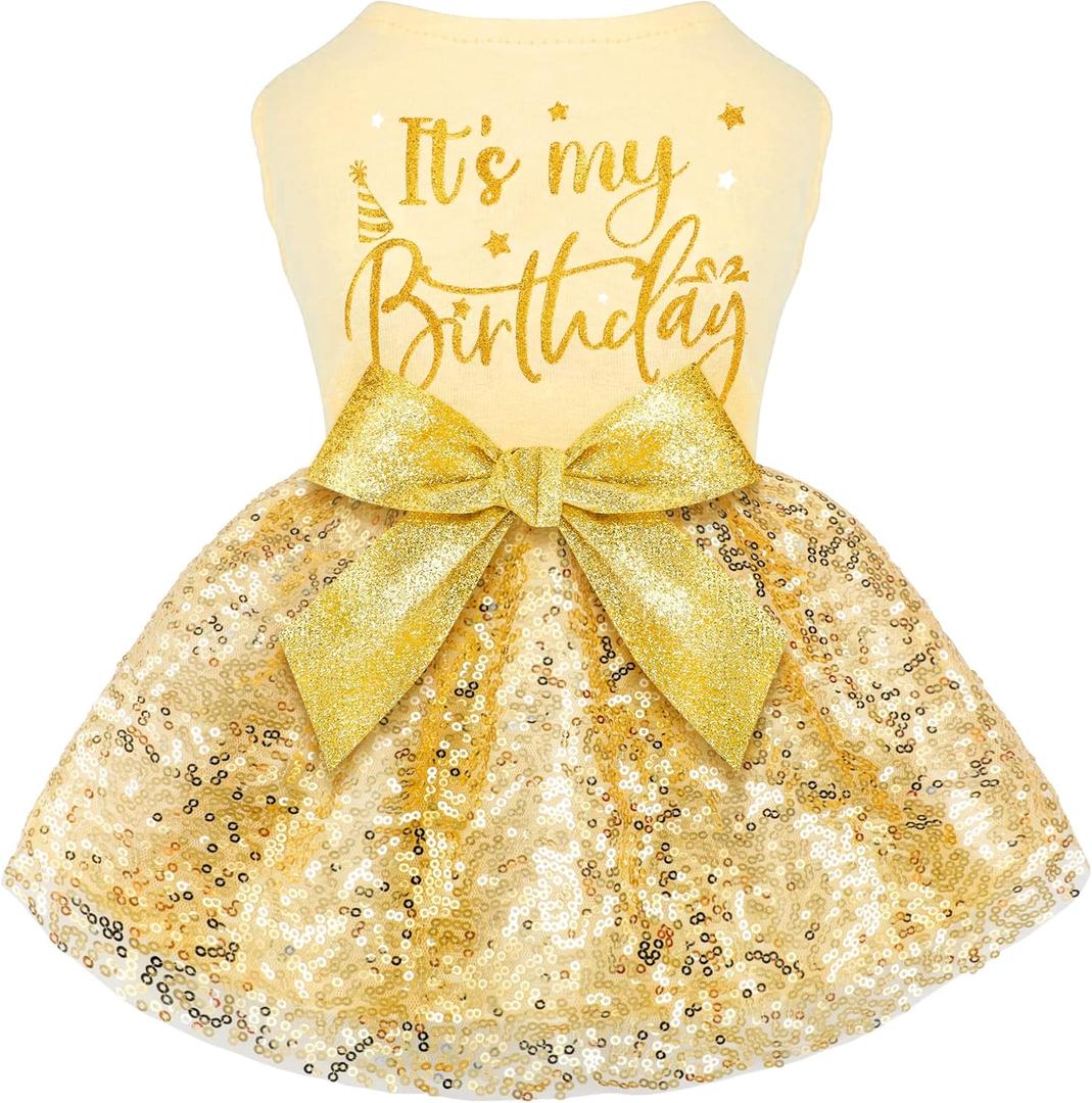 Birthday Dog Dress with Gold Sparkly Sequin Princess Dog Clothes for Small Medium Large Dogs Girls Boys Cats Outfit Apparel L