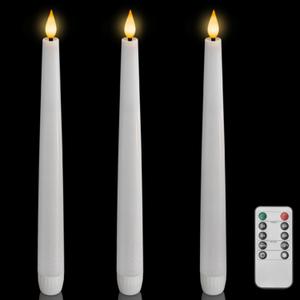Homemory 3 Pcs Waxy Flameless Taper Candles with Remote, Led Flameless Candlesticks Classic Tall Candles, Flickering Battery Operated Taper Candles for Bedroom, Dining Room, White, 9.6 inches