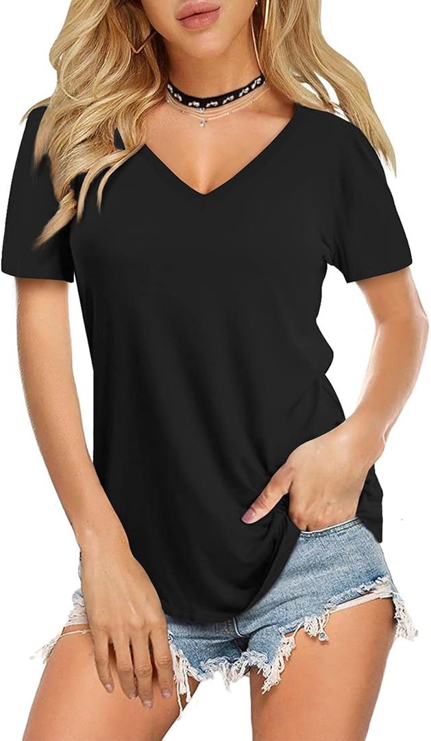 Amoretu Women Summer T Shirts Short Sleeve Curved Hem Solid Color Tops(Black, XL)