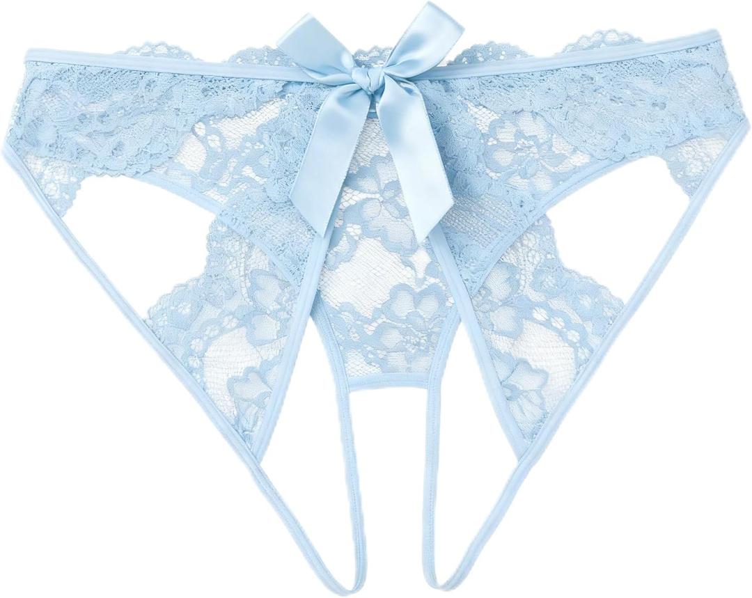 Avidlove Lace Panties for Women Bow Back Low Rise Hipster Underwear | Soft floral lace underwear, scalloped trim, flexible waistband, lightweight stretch, romantic gift, date night outfits (Blue)