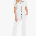 SWOMOG Women Pajama Sets Two-Piece Nightwear Short Sleeve Sleepwear Button Down Pj Lounge Sets with Long Pants Size XS