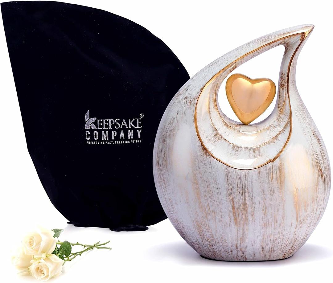 White Golden Teardrop Heart Urn for Human Ashes| Cremation Urns for Adult Ashes |Burial Ash Urn for Men & Women | Decorative Cremation Earns for Man/Male/Female & Humans | Large | 2.5 Litre Capcity