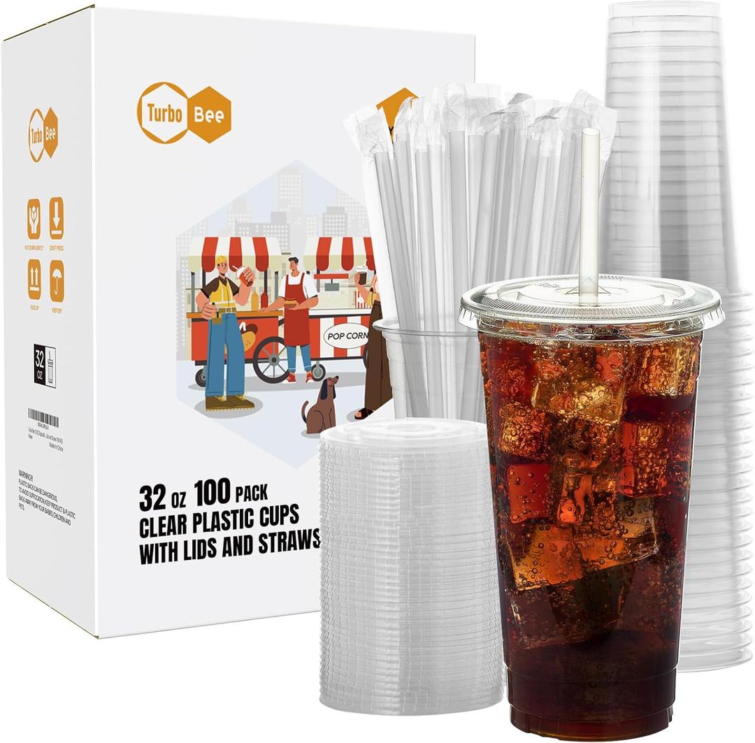 Turbo Bee 100 Sets 32 OZ Clear Plastic Cups with Lids and Straws, Disposable To Go Iced coffee cups with lids for Cold Drinks, Smoothie, and Slushie