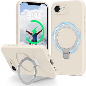 for iPhone 17e / iPhone 16e Case Stand, Slim Liquid Silicone Phone Cases Compatible with MagSafe Magnetic Ring Kickstand Case Full Camera Protection for iPhone 17e / iPhone 16e 6.1", White