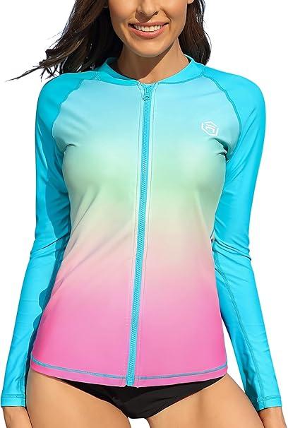 ATTRACO Rash Guard Women Long Sleeve Swim Top UV Sun Protection Swim Shirts (S, Blue, Pink)