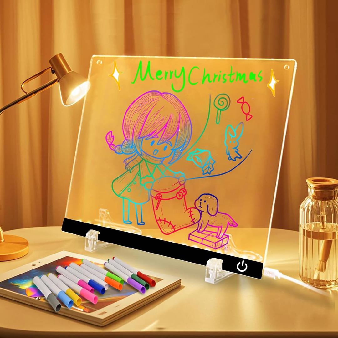 LED Note Board with Colors 12-Color Illuminated Acrylic Drawing Board - Dry-Erase Night Light with Stand for Home/Office/Gift/Festival (12" W x 8.5" H (Black)