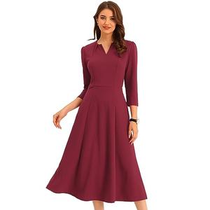 Allegra K Women's 3/4 Sleeve Dresses V Neck Elegant A-Line Work Business Formal Midi Dress with Pockets, Medium, Burgundy