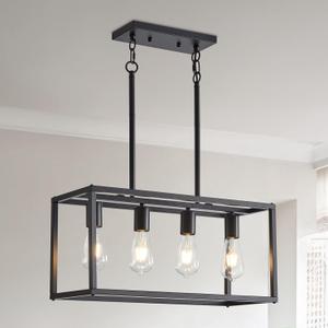 Lanhall Dining Room Light Fixture 4 Light Black Farmhouse Chandelier Modern Kitchen Island Pendant Lighting Rectangular Hanging Lights for Kitchen Dining Room Adjustable Height Metal E26 Base