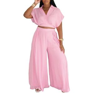 KEYUFANG Women's Summer 2 Piece Outfits Wrap V Neck Crop Top and Wide Leg Pants Sets Casual Vacation Outfits (XX-Large, Pink)
