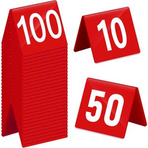 Tuanse 100 Pcs Acrylic Table Numbers 1-100 Double Sided Minimalist Restaurant Wedding Table Tent Cards for Party Event Banquets Wedding Reception, 2.5 x 2 x 1.6 Inch(Red Background)
