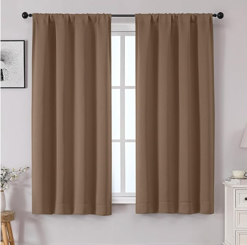OWENIE Sally Brown Blackout Curtains for Bedroom 63 Inch Length 2 Panels Set, Solid Thermal Insulated Energy Saving Rod Pocket Window Treatment Drapes, W40 x L63 Inch, Brown