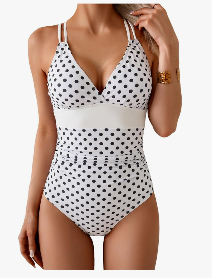 Women's One Piece Color Block Swimsuit Tummy Control Slimming Bathing Suit V Neck Cutout High Waisted Swimwear, S