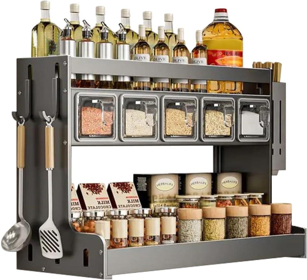 Kitchen Seasoning Shelf Spice Rack Wall Mount with Hooks and Utensil Holder Hanging Seasoning Box Shelf Seasoning Jar Organizer for Sugar Salt Pepper Oil Bottle (5 Boxes)