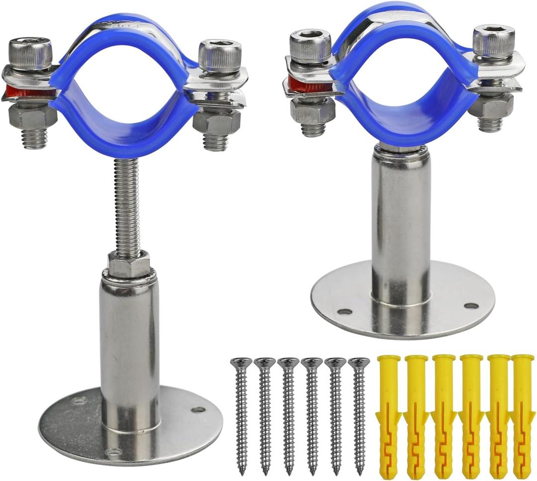 2PCS 304 Stainless Steel Wall Mount Ceiling Mount Pipe Supports, Adjustable Pipe Strap Clamp with screws for OD Pipe 45-48mm, Adjustable Height 50-100mm